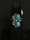 Twin Oval 6x4mm Turquoise Cabochon Centers 18x10mm Filigree Decorated Feature Old Pawn Native