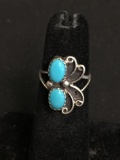 Twin Oval 6x4mm Turquoise Cabochon Centers 18x10mm Filigree Decorated Feature Old Pawn Native