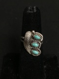 Three Oval 4x2mm Turquoise Cabochon Centers 18x13mm Feather Detailed Feature Native American