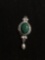 Broken Edge Malachite Inlaid Oval 9x7mm Cabochon Center with Freshwater Pearl Drop Signed Designer