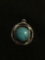 Round 12mm Turquoise Cabochon Center Hammer Finished Ribbon Detail Old Pawn Mexico Sterling Silver