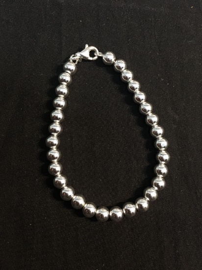 High Polished Italian Made Round 6mm Sterling Silver Bead Ball Strung 8in Long Sterling Silver