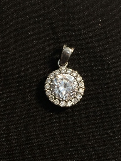 FAS Designer Thai Made Round Faceted 6.5mm CZ Center w/ Round CZ Halo Sterling Silver Pendant