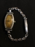 Vintage Bulova Design Oval 27x16mm Filigree Decorated 14Kt White Gold Plated Watch w/ Bracelet