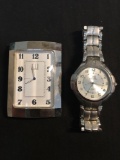 Lot of Two High Polished Silver-Tone Items Calvin Hill Designer 32mm Bezel Stainless Steel Watch &