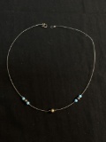 Sterling Silver Wire Necklace 14in Long w/ Blue Glass & Sterling Silver Bead Ball Accents