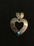 Two-Tier Double Heart Motif Floral Decorated 32mm Long 25mm Wide w/ Turquoise Cabochon Accent