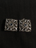 Marcasite Accented Braided Design Square 22mm Onyx Center Detail Pair of Sterling Silver Clip On