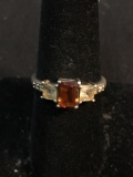 Emerald Cut Faceted 7x5mm Citrine Center w/ Twin Square Step Faceted CZ Sides Three Stone Sterling