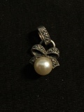 Milgrain Marcasite Detailed 16x14mm Ribbon Style Sterling Silver Pendant w/ Faux White Pearl Center