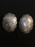 Large Oval 47x35mm Hand-Engraved Old Pawn Native American Pair of Sterling Silver Scallop Outlined
