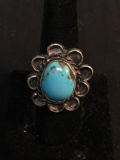 Oval 30x27mm Rope & Scallop Detailed Halo w/ Oval 15x13mm Turquoise Cabochon Center Old Pawn Native