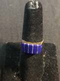 Five Rectangular Lapis Inlaid Centers 7mm Wide Tapered Handmade Old Pawn Mexico Sterling Silver Ring