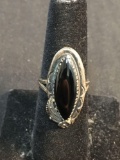 Marquise Shaped 21x8mm Onyx Cabochon Center Floral Filigree Detailed Vintage Sterling Silver Ring