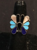 Teardrop Shaped Lapis, Turquoise & Mother of Pearl Inlay Featured 20x20mm Butterfly Top Sterling