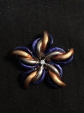 Tri-Color Enameled 38mm Diameter Five Point Ribbon Star w/ Rhinestone Accents Signed Designer