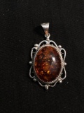 Oval 20x15mm Amber Cabochon Center Filigree Detailed High Polished Vintage Design Sterling Silver