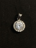 FAS Designer Thai Made Round Faceted 6.5mm CZ Center w/ Round CZ Halo Sterling Silver Pendant