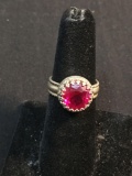 Round Faceted 10mm Created Ruby Center Detailed East Indian Design Sterling Silver Ring Band