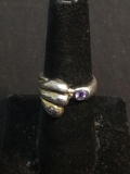 Triple Scallop Detailed 12mm Wide High Polished Bypass Sterling Silver Ring Band w/ Round Faceted