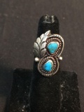 Feather & Rope Detailed Oval 28x18mm Feature w/ Twin Turquoise Cabochon Centers Old Pawn Native