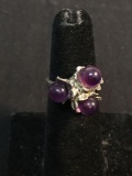 Handmade Floral Motif Sterling Silver Ring Band w/ Three Matched Round 6mm Amethyst Bead Centers