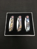 3 Count Lot Animal Pocker Knives, Wolfs, Deer, Eagle in Case from Collection