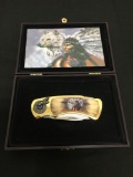 Native American & Spirit Wolf Stainless Pocket Knife in Wooden Case from Collection