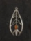 Teardrop Shaped 35x15mm Old Pawn Mexico Style Sterling Silver Pendant w/ Amber Cabochon Center
