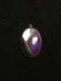 Mother of Pearl & Charoite Inlay Mosaic Oval 23x16mm Signed Designer Sterling Silver Pendant
