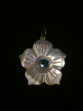 Hibiscus Flower 23mm Wide Carved Mother of Pearl w/ Blue Rhinestone Center & Sterling Silver Bale