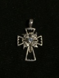 Filigree Decorated 18x14mm Sterling Silver Cross Pendant w/ Round Faceted CZ Center