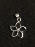 Five Petal Hibiscus Flower Themed 15mm Diameter High Polished Sterling Silver Pendant w/ CZ Center