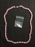 Round 8mm Rose Faux Pearl Hand-Knotted 22in Long Necklace w/ Sterling Silver Clasp & Pair of