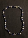 Alternating Round 10mm Silver, Gunmetal & Blue Faux Pearl Hand-Knotted 18in Necklace w/ Ornate