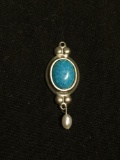 Oval 9x7mm Turquoise Cabochon Center Sterling Silver Pendant w/ Seed Pearl Drop
