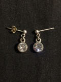 Bezel Set Round Faceted 6mm CZ Drop Pair of Sterling Silver Earrings