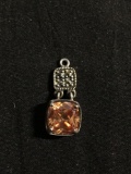 Cushion Faceted 8x8mm Orange CZ Center Milgrain Marcasite Accented 20mm Long Sterling Silver Pendant