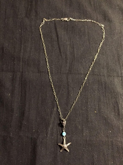 Starfish Design 2in Long Sterling Silver Drop Pendant w/ Turquoise Accent & 18in Long Chain