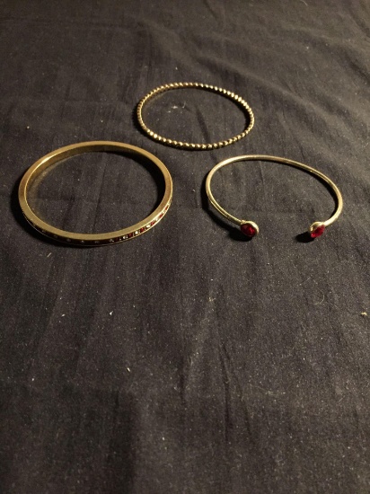 Lot of Three Gold-Tone Alloy 3in Diameter Fashion Bangle Bracelets, Two w/ Rhinestone Accents