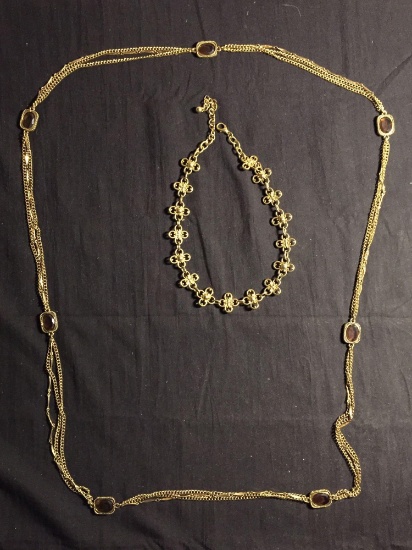 Lot of Two Gold-Tone Alloy Fashion Necklaces, One 50in Long Gemstone Accented & 18in Long Floral