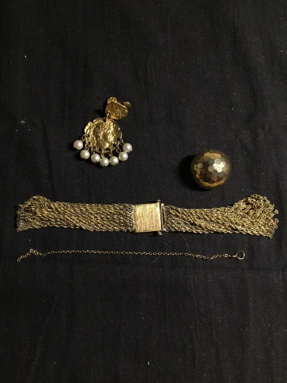 Lot of Three Gold-Tone Alloy Items, Two Mismatched Single Fashion Earrings & One Bracelet Tassel