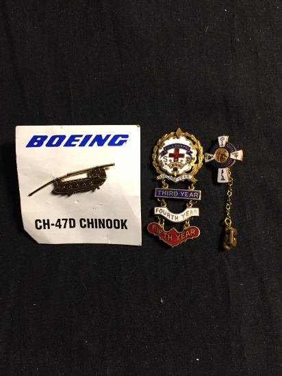 Lot of Three Gold-Tone Alloy Commemorative Pins, One Boeing Chinook, One Full Gospel Medal & Youth