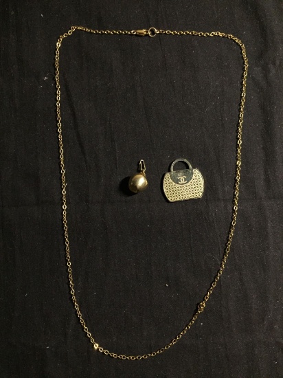 Lot of Three Gold-Tone Alloy Items, One 24in Cable Link Chain, One Apple Motif Pendant & One Chanel