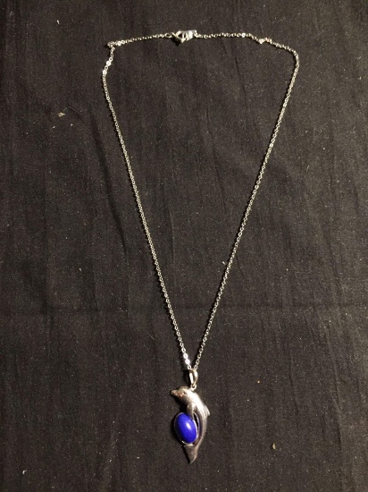 Oval 12x7mm Lapis Cabochon Center Sterling Silver Dolphin Themed Pendant w/ 16in Long Cable Chain