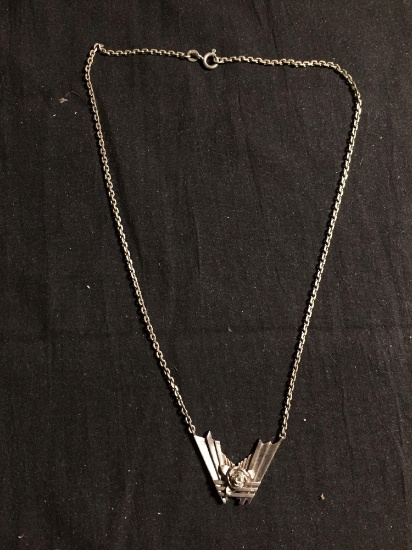 Signed Designer FBM 16in Long Sterling Silver Necklace w/ Rosebud Detailed Center Drop