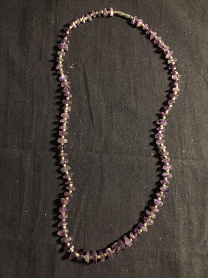 Polished Rough Tumbled Amethyst Beads 24in Long Hand-Beaded Necklace