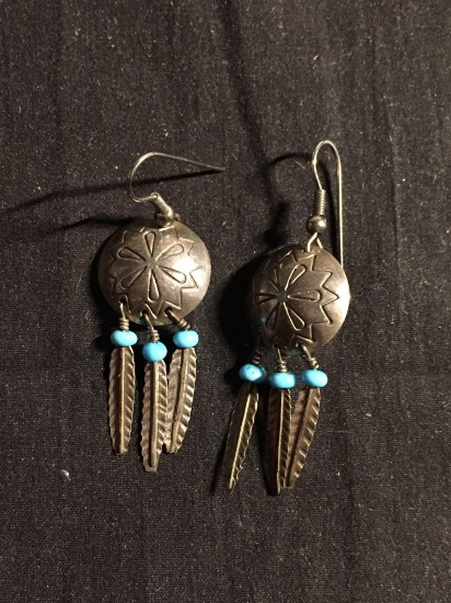 Old Pawn Native American Styled 38mm Long Pair of Sterling Silver Dangle Earrings w/ Triple