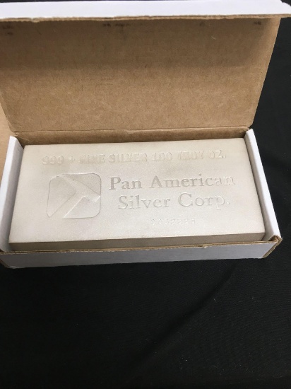 100 Troy Ounce .999 Fine Silver PAN AMERICAN Silver Corp Silver Bullion Bar in Original Box