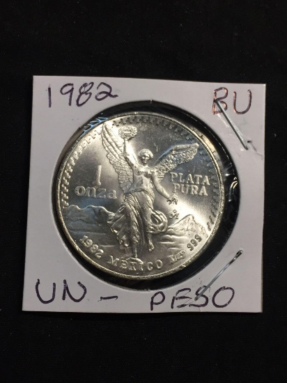 1982 Mexico 1 Ounce .999 Fine Silver Onza Silver Bullion Round Coin